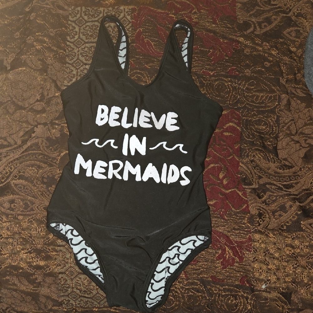 Black 'Believe in Mermaids' Kids One Piece Swim Swimsuit